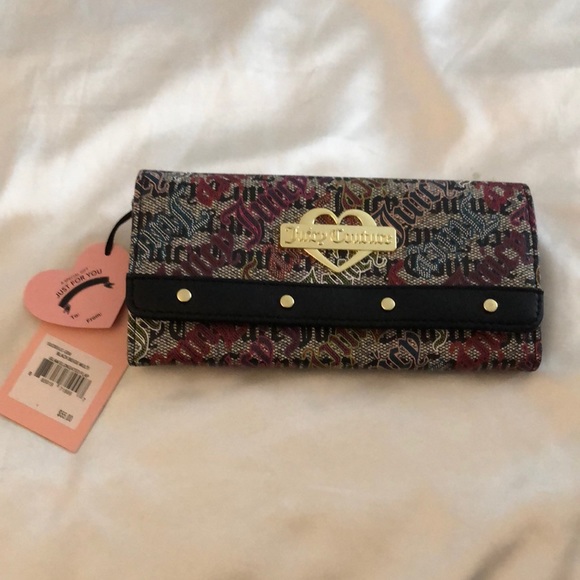 Juicy Couture Black Beige Multi Faux Leather Glam Elongated Flap Wallet NWT - Picture 2 of 13